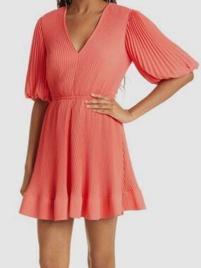 MILLY Eli Pleated Puff-Sleeve Mini Dress